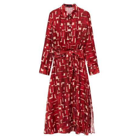 Robe longue rouge imprimée à coupe évasée avec col à revers et manches longues