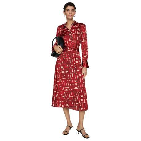 Robe longue rouge imprimée à coupe évasée avec col à revers et manches longues - Image 2