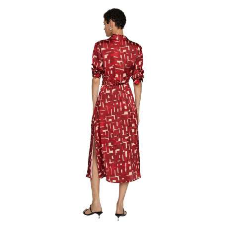 Robe longue rouge imprimée à coupe évasée avec col à revers et manches longues - Image 3