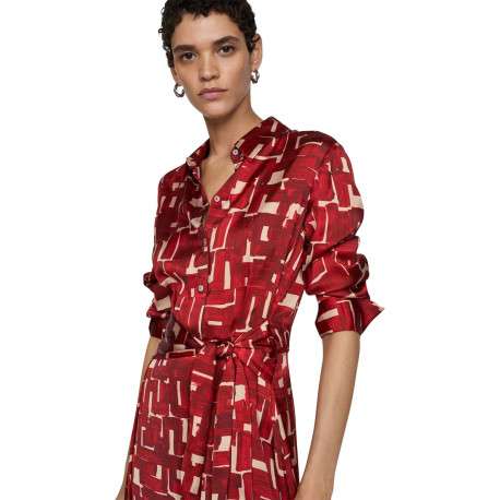 Robe longue rouge imprimée à coupe évasée avec col à revers et manches longues - Image 4