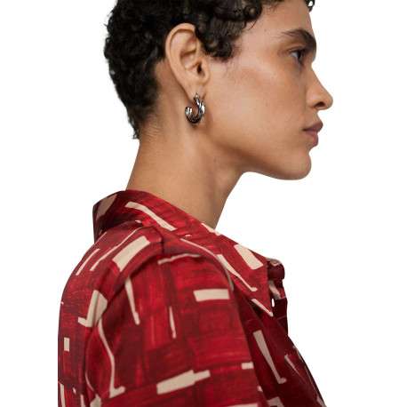 Robe longue rouge imprimée à coupe évasée avec col à revers et manches longues - Image 5