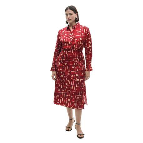 Robe longue rouge imprimée à coupe évasée avec col à revers et manches longues - Image 6