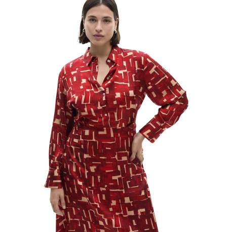 Robe longue rouge imprimée à coupe évasée avec col à revers et manches longues - Image 7