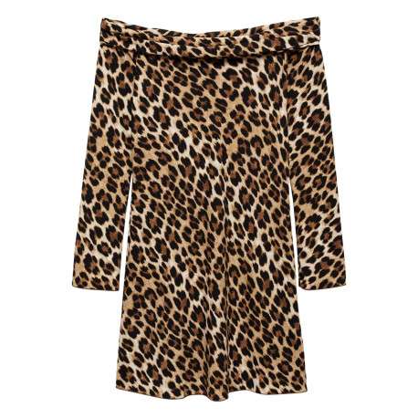 Robe courte à motif léopard avec coupe cintrée, col bateau et manches longues