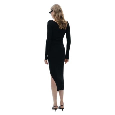 Robe longue noire cintrée en maille côtelée, manches longues et col bateau - Image 3