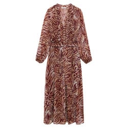 Robe longue rouge et beige zébrée à coupe droite avec col v et manches longues