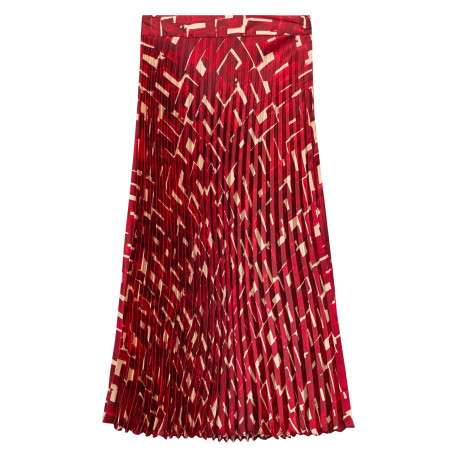 Jupe longue plissée à motif rouge imprimé avec une coupe droite