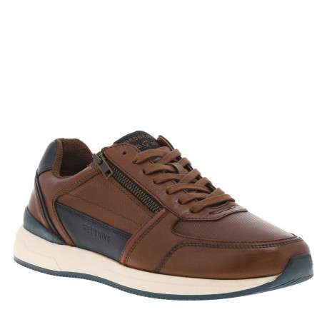 Sneakers en cuir cognac à talon plat et à lacets plats enduits et zip latéral - Image 3