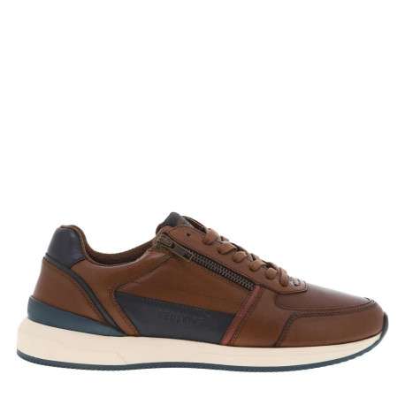 Sneakers en cuir cognac à talon plat et à lacets plats enduits et zip latéral - Image 2