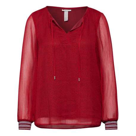 Blouse rouge unie droite et fluide avec col tunisien et à manches longues