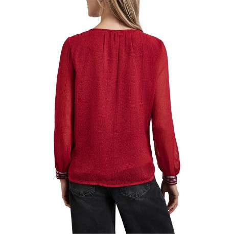 Blouse rouge unie droite et fluide avec col tunisien et à manches longues - Image 2