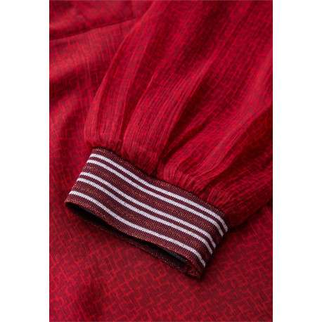 Blouse rouge unie droite et fluide avec col tunisien et à manches longues - Image 3
