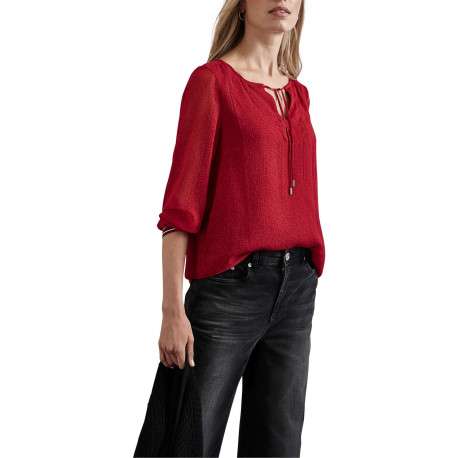 Blouse rouge unie droite et fluide avec col tunisien et à manches longues - Image 4