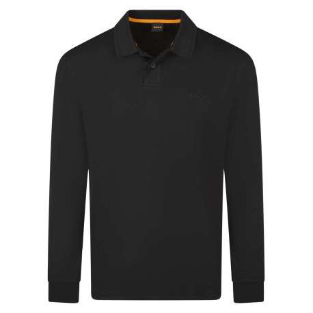 Polo manches longues en coton noir uni avec une coupe droite et le logo brodé