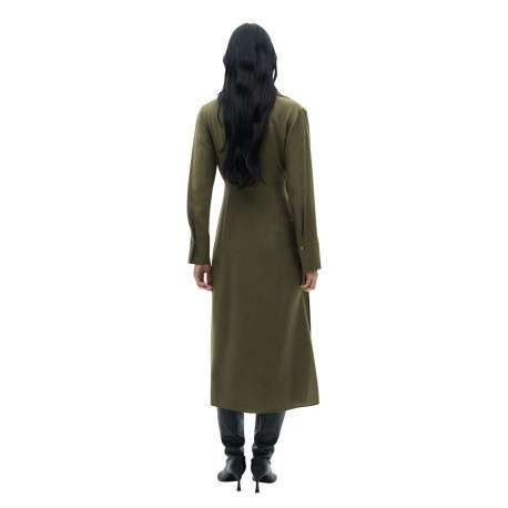 Robe longue kaki unie avec une coupe droite à col français et à manches longues - Image 3