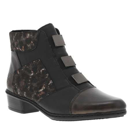 Boots noires et bronze à talon décroché bas, avec zip latéral et logo embossé - Image 3