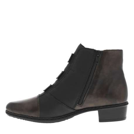 Boots noires et bronze à talon décroché bas, avec zip latéral et logo embossé