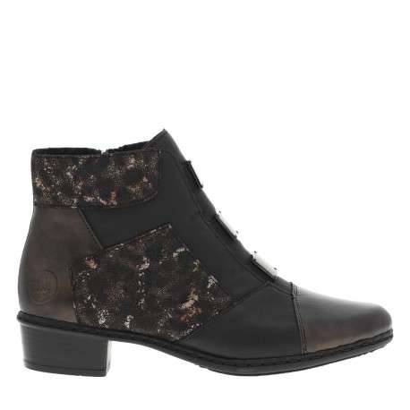 Boots noires et bronze à talon décroché bas, avec zip latéral et logo embossé - Image 2