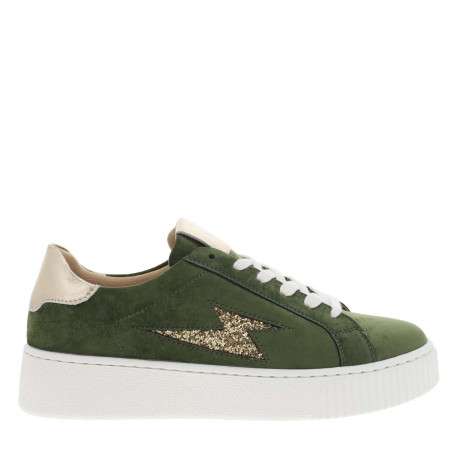Tennis vertes en velours plates avec des lacets plats blancs et paillettes - Image 2