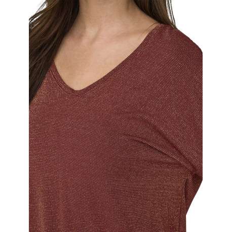 T-shirt bordeaux uni avec du lurex et une coupe droite à col v - Image 4
