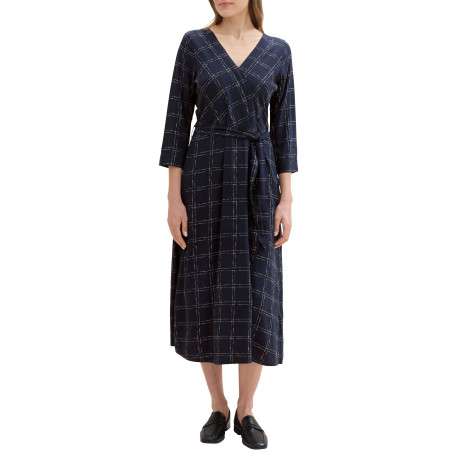 Robe mi-longue marine à carreaux blancs avec une coupe droite et un col en V - Image 2