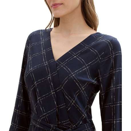 Robe mi-longue marine à carreaux blancs avec une coupe droite et un col en V - Image 4