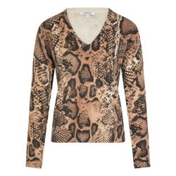 Pull beige imprimé python avec une coupe droite à col v et des manches longues