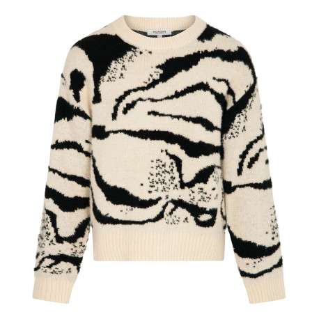 Pull beige imprimé avec une coupe droite à col rond et des manches longues