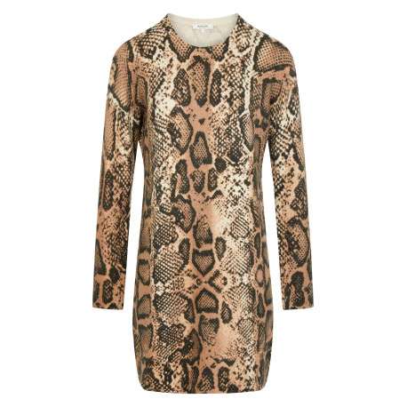 Robe courte beige imprimé python avec une coupe droite à col rond