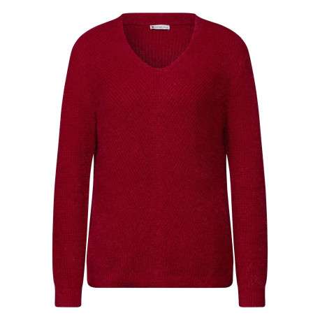 Pull rouge uni à coupe droite, col v et à manches longues en poipoil