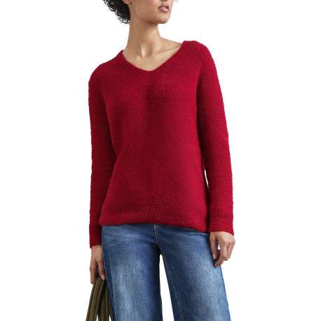 Pull rouge uni à coupe droite, col v et à manches longues en poipoil - Image 4