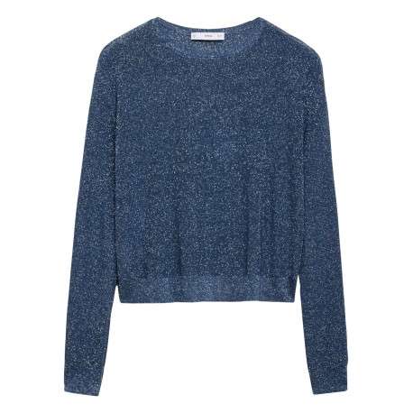 Pull bleu uni à coupe droite, col rond et à manches longues en lurex