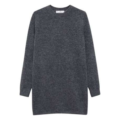 Robe courte grise unie à coupe droite, col rond et à manches longues chiné