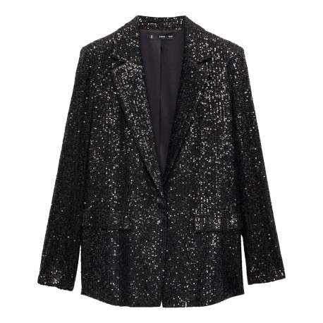 Blazer noir avec sequins à coupe droite, col à revers et à manches longues