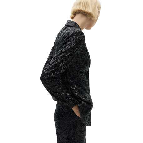 Blazer noir avec sequins à coupe droite, col à revers et à manches longues - Image 3
