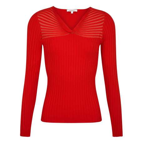 Pull rouge uni droit à col v et à manches longues côtelé et strié