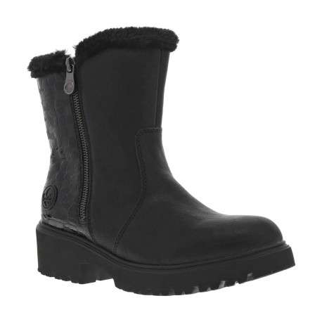 Boots noires à talon plat et à zip avec col en fourrure et vernis sélectif - Image 3