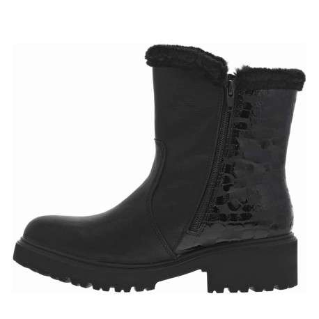Boots noires à talon plat et à zip avec col en fourrure et vernis sélectif