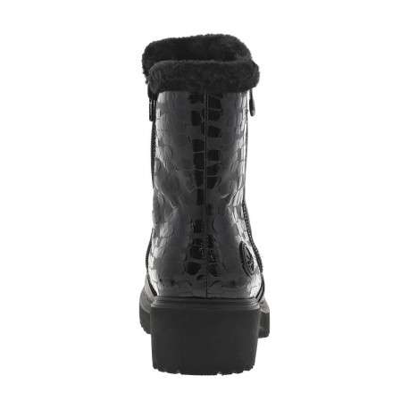 Boots noires à talon plat et à zip avec col en fourrure et vernis sélectif - Image 6