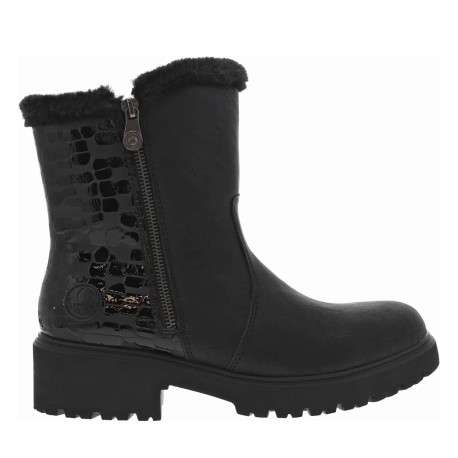 Boots noires à talon plat et à zip avec col en fourrure et vernis sélectif - Image 2