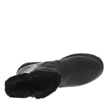 Boots noires à talon plat et à zip avec col en fourrure et vernis sélectif - Image 4