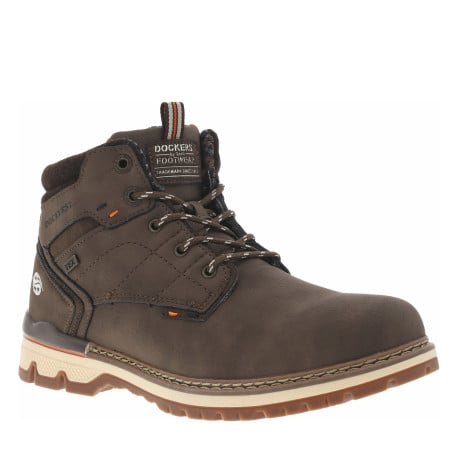 Bottines café à talon plat, à zip et lacets ronds et broderie sur le contrefort