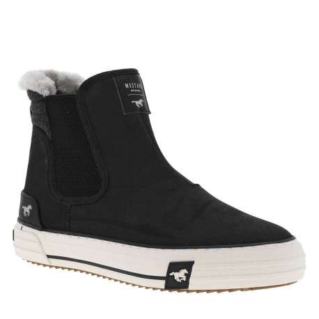 Boots noires à talon plat et à soufflets élastiqués avec col en fourrure - Image 3