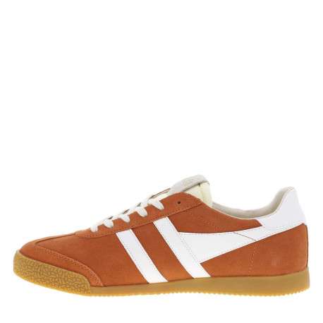 Baskets tennis orange en cuir avec lacets plats, logo doré et semelle marron