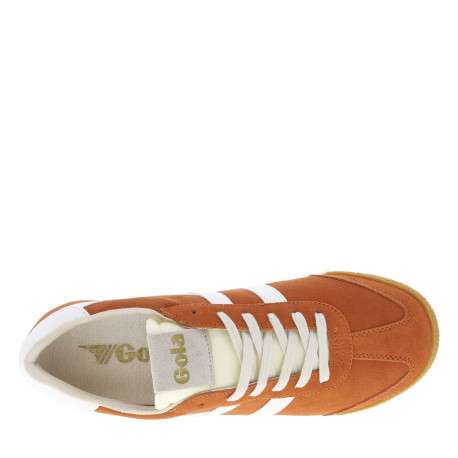 Baskets tennis orange en cuir avec lacets plats, logo doré et semelle marron - Image 4