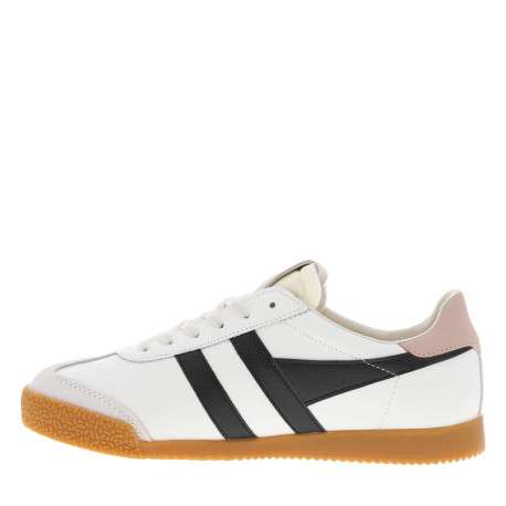 Baskets tennis blanches et noires en cuir avec semelle miel, logo doré et lacets