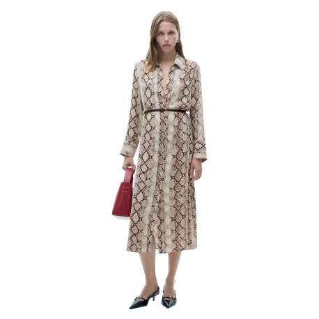 Robe longue marron à imprimé serpent droite, à col français et à manches longues - Image 4