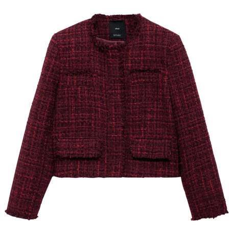 Blouson bordeaux en tweed à coupe droite, col rond et manches effilochées