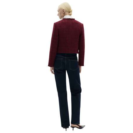Blouson bordeaux en tweed à coupe droite, col rond et manches effilochées - Image 2
