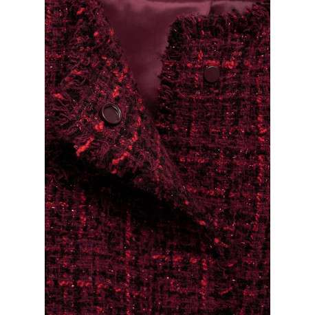 Blouson bordeaux en tweed à coupe droite, col rond et manches effilochées - Image 3